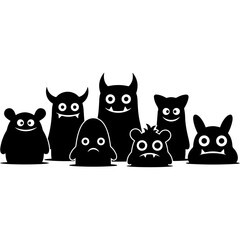 A group of diverse cartoon monsters in silhouette form.