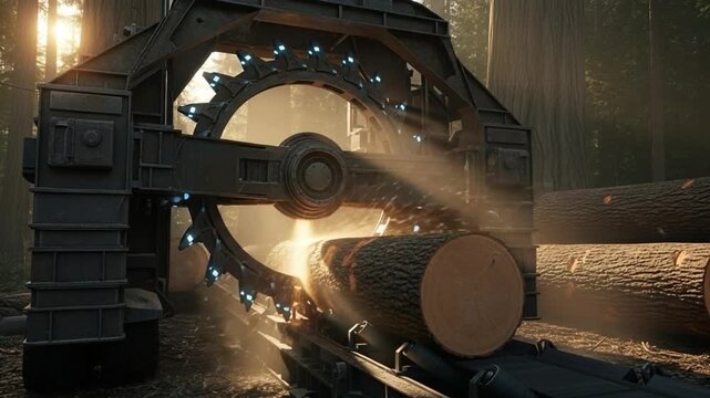 A large circular saw cuts through a log in a sawmill.