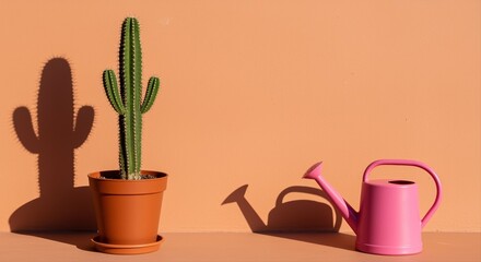 small cactus in terracotta pot with pink watering can casting shadows on orange wall