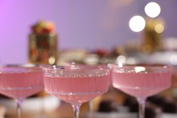 Buffet menu. Delicious desserts and drinks on table, selective focus