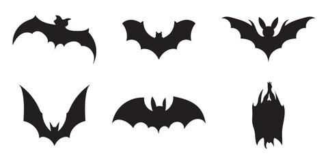 A set of spooky bat silhouette with different wing positions isolated on a white background ideal for Halloween.