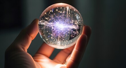 Crystal ball held in hand showing a glowing purple and white light inside