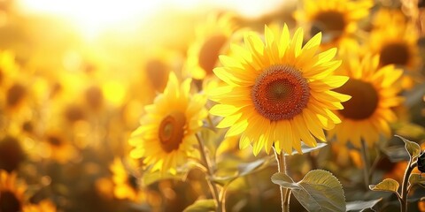 Obraz premium A field of yellow sunflowers with the sun shining on them