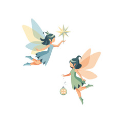 Two whimsical fairies gracefully soaring with magic wand and lantern.