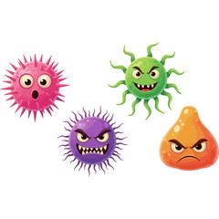 Four cartoon viruses with angry faces and spiky bodies.