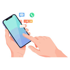 Hands holding and interacting with a modern smartphone screen.