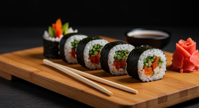 assorted fresh sushi rolls on bamboo board with chopsticks and soy sauce