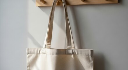 Natural canvas tote bag hanging on wooden wall hooks with soft light shadows canvas bag reusable bag
