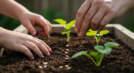 child and adult hands planting seeds in soil for garden on sunny day nurturing growth