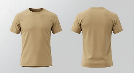 Men's beige crew neck t-shirt template, front and back view. Isolated on transparent background, png