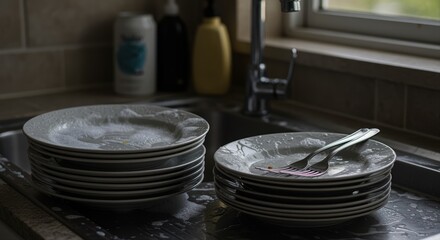 clean stack of plates with running water in a kitchen sink after meal preparation