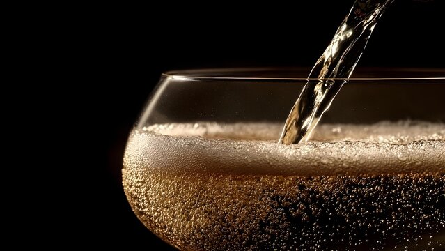 Pouring a dark carbonated drink into a glass, creating a foamy surface with lots of bubbles. Concept Dark carbonated drink pouring, Foamy surface close-up, Bubbles in glass, Pouring action with fizz