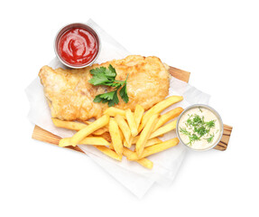 British Traditional Fish and chips with sauces isolated on white, top view