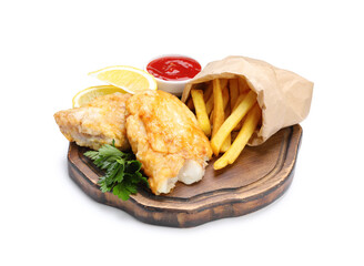 British Traditional Fish and chips with sauce and lemon isolated on white
