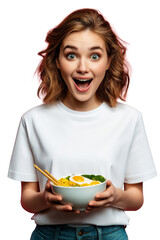Excited woman holding bowl of ramen noodles with chopsticks