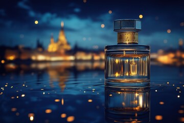 A bottle of perfume placed on the water surface with blurred night city lights in the background creating depth through glass texture and warm tone reflections