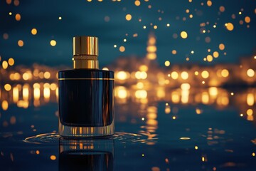 A bottle of black perfume with a gold cap placed on the water surface surrounded by city lights in dark blue and yellow tones creating a cinematic atmosphere with blurred night scenes