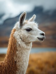 Fototapeta premium Close-Up Portrait of a Llama with Fluffy Fur and Serene Expression in a Natural Landscape