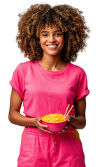 Happy young woman eating instant noodles with chopsticks