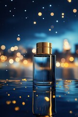 A high end glass perfume bottle with a gold cap standing on the water surface at night with blurred city lights and stars creating an atmosphere of luxury and mystery