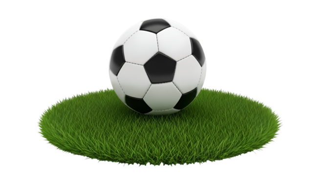 Soccer ball on a patch of grass with a black background