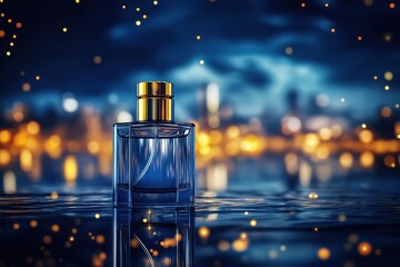 An elegant blue glass perfume bottle with a gold cap centered on the reflective water surface surrounded by blurred city lights at night with a dark mysterious background