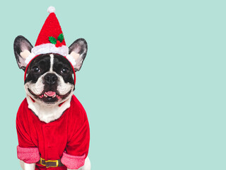Merry Christmas and Happy New Year. Charming puppy and festive costume. Dog smile. Close-up, studio shot. Congratulations for family, friends and colleagues. Pets care concept