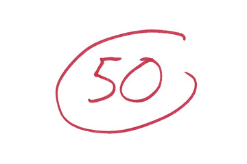 Red circle with hand drawn number 50, marker doodle sketch symbol isolated on transparent background