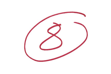 Red circle with hand drawn number 8, marker doodle sketch symbol isolated on transparent background
