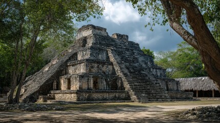 Naklejka premium Ancient Mayan Pyramid Surrounded by Lush Greenery Under a Cloudy Sky