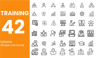Collection of stroke line icons depicting business training and development concepts, including people and graphs.