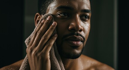 young man with towel refreshing after workout in dimly lit gym, showing determination and focus