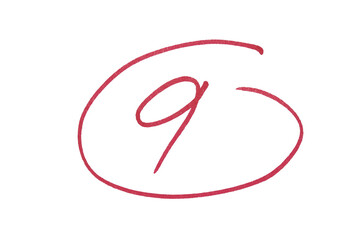 Red circle with hand drawn number 9, marker doodle sketch symbol isolated on transparent background