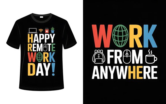 Black tshirt featuring a colorful design with the message happy remote work day isolated on white background