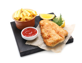 British Traditional Fish and chips with sauce, lemon and dill isolated on white