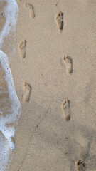 Vertical photo of small child and adult footprints on wet beach sand, with sea foam gently approaching from the wave. Symbol of family, childhood memories, and the passage of time. Peaceful natural