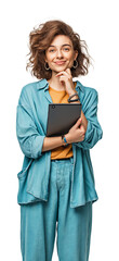 Young woman smiling holding tablet thinking on transparent background
