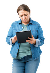Woman feeling confused while looking at tablet