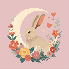 Vector design of A whimsical vector illustration featuring a delicate rabbit surrounded by vibrant flowers under the soft glow of a crescent moon, accompanied 