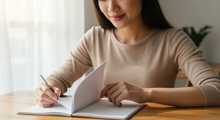 Fototapeta premium young asian woman writing in journal at home, expressing creativity and inspiration