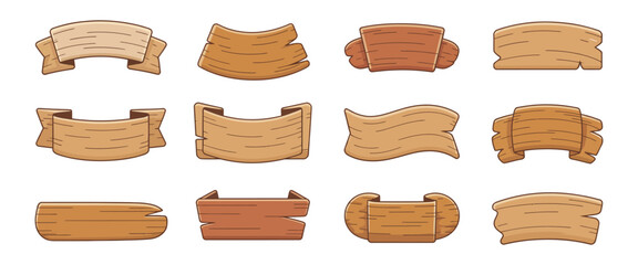 Cartoon wooden banners with blank hardwood signboard frames, retro game sign assets, rustic wood placards for advertising, isolated vector set of blank wood plank illustrations.