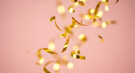 Festive golden ribbon confetti falling against a soft pink background, perfect for adding a touch of celebration and elegance to any design or project