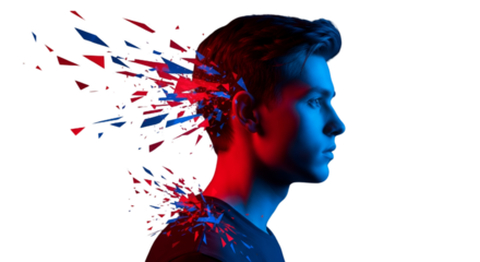 Man's Head Exploding into Red and Blue Shards