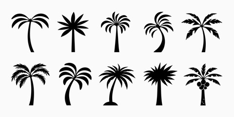 Collection of diverse black silhouette palm tree icons representing different styles and shapes