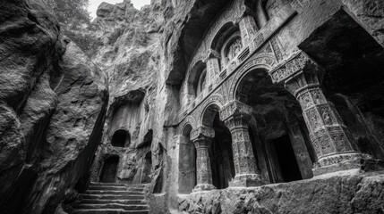 Ancient Rock-Cut Monastery with Intricate Sculptures Surrounded by Towering Cliff Faces