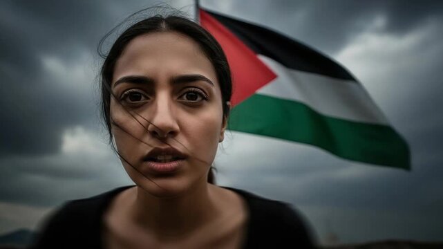 Palestinian woman speaking with determination in windy outdoor setting  