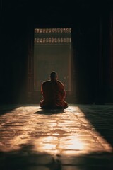 Serene Monk Meditating in Dimly Lit Temple with Light Streaming Through Open Doorway
