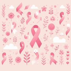 a vibrant pink ribbon pattern with a stylized heart element, both rendered in a minimalist flat design style, featuring clean lines, simple shapes with png Transparent 
