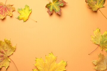 Fototapeta premium Beautiful autumn leaves on pale orange background, flat lay. Space for text