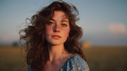 Portrait of a young woman with curly brown hair and freckles, wearing a blue floral dress, bathed in warm golden-hour light. Concept Golden-hour Portrait, Freckled Beauty, Curly Brown Hair